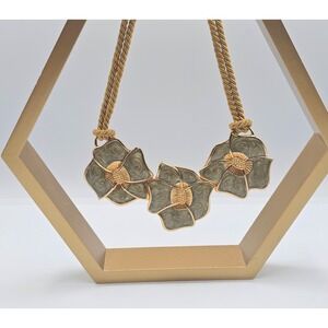 Vtg Monet Garland Necklace Statement Green Enamel Floral Silk Rope 1980s Runway